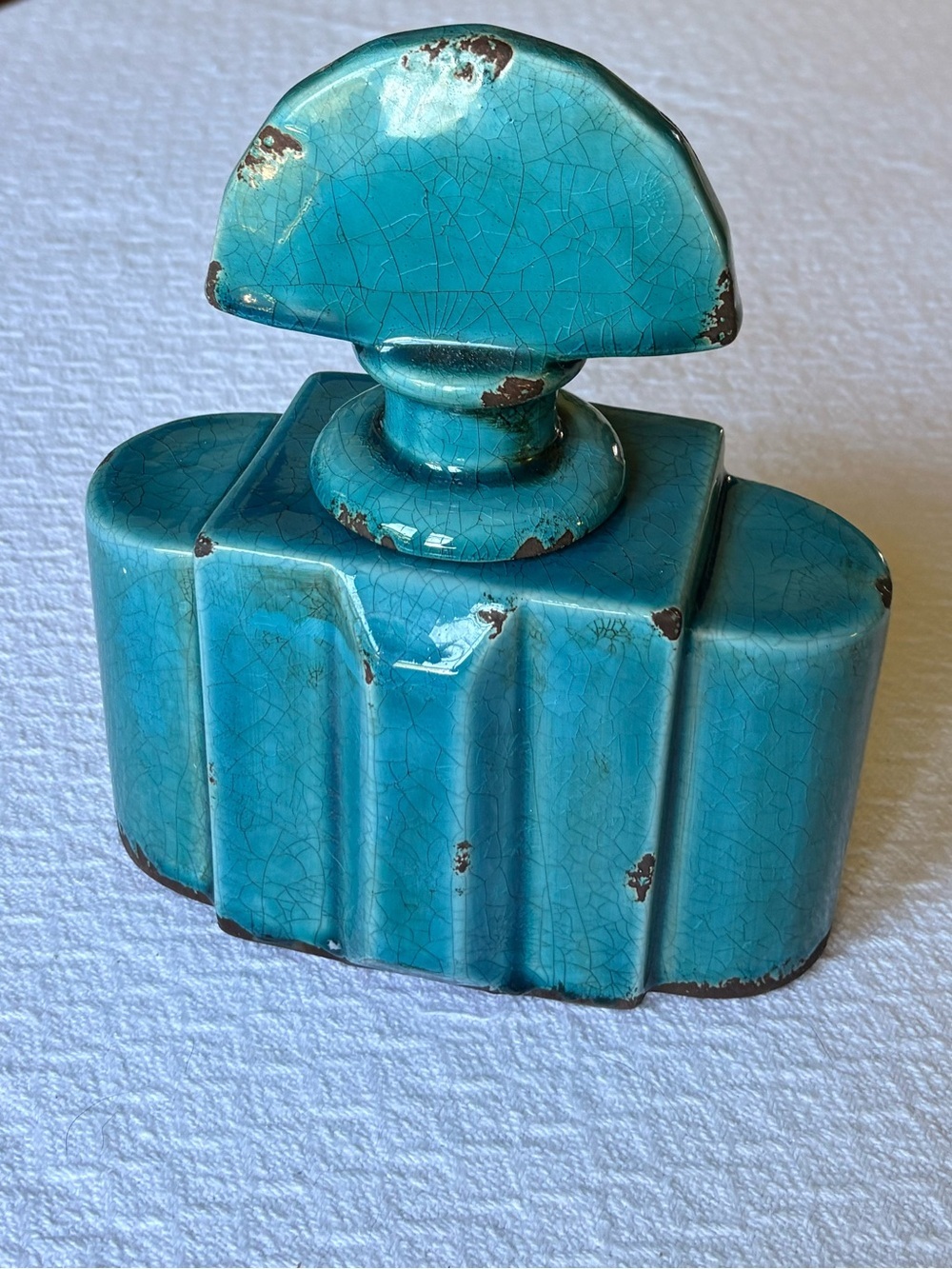 Turquoise Art Deco decanter jar bottle vase featuring a crackle glaze -Beautiful